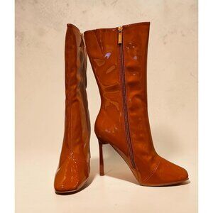 Tan Patent Leather Pointed Toe High Heel Boots With Side Zippers Mid-Calf Length